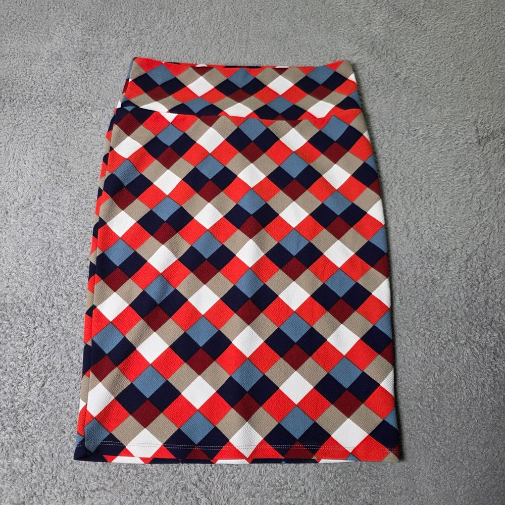 LuLaRoe Women S Cassie Pencil Skirt Red Blue Geometric Diamond Plaid Stretch